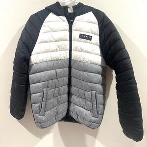 Sonneti London Boys' Colorblock Puffer Jacket Hooded Zip Black White Gray- XL
